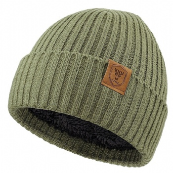 Customized beanie hat with heavy fleece inside and suede label