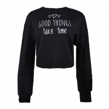 Wholesale Women Cotton Black Embroidery Sweatshirt Crop Top