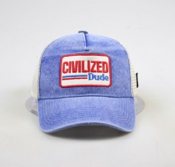 Customized applique logo washed denim baseball cap with embroidery patch and woven patch